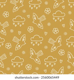 Valentine's Day outline seamless pattern with birds, clouds, flowers and hearts on yellow background. Perfect for wallpaper, gift paper, romantic greeting cards. Vector hand drawn illustration