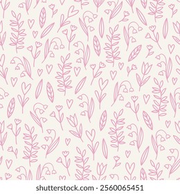 Valentine's Day outline seamless pattern with branches, hearts, flowers and leaves on white background. Perfect for wallpaper, gift paper, romantic greeting cards. Vector hand drawn illustration