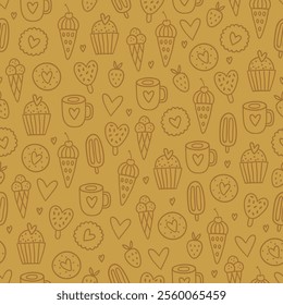 Valentine's Day outline seamless pattern with cups, ice cream, cookies, hearts, strawberries on yellow background. Perfect for wallpaper, gift paper, greeting cards. Vector hand drawn illustration