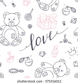 Valentines day outline seamless pattern with LOVE hand drawn sign in black and red. White background. Vector illustration