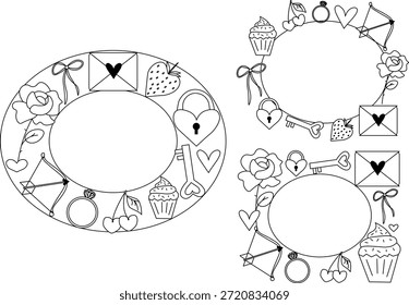 Dia dos Namorados oval retângulo quadro modelo definido. Ilustração em preto e branco com linhas gráficas vetoriais. Sinal de silhueta para logotipo, impressão, quadrinhos, moda, pop art, placas, design, adesivos
