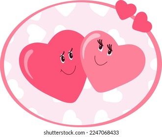 Valentine's Day. Oval sticker two cartoon hearts in love.