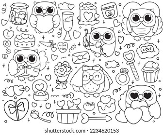 Valentine's day owl coloring pages for kids, Vector illustration