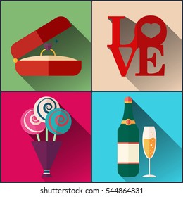 Valentine's Day Pack Included Champange Glasses, Wedding Ring, Bouquet Of Flowers, Love. 
Flat Icon Set Design With Long Shadow