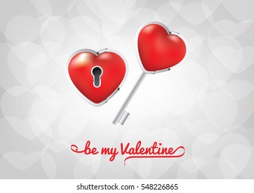 Valentines Day - padlock heart and key with text Be my Valentine on gray background