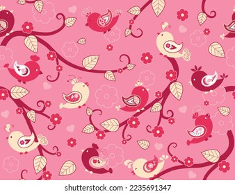 Valentines Day Paisley Birds Pattern. Whimsical vector illustration. Stylized pink and yellow love birds fluttering branches and flowers. Pattern is vector and repeats seamlessly. 