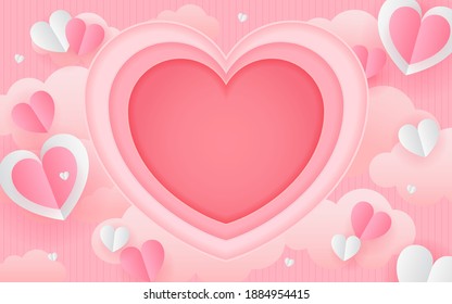 Valentine's day paper art background Vector illustration. Beautiful paper craft of hearts floating with copy space 