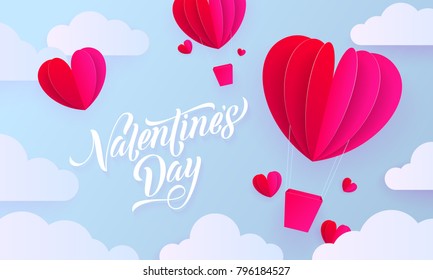 Tarjeta de saludo de San Valentín en papel de San Valentín de globo de aire caliente del corazón sobre el cielo azul y fondo de nube blanca. Vector Feliz Día de San Valentín 14 de febrero texto de las vacaciones de diseño moderno