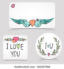 Valentines day paper banners set with hand drawn illustrations. Heart, wings, leaves sketch