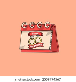 Valentine's day paper calendar with couple ring. Valentine icon. Love calendar cartoon. 14th February valentine day. 