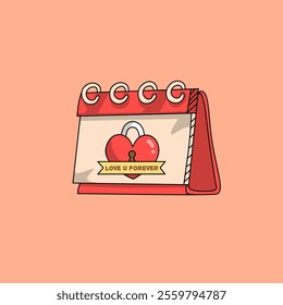 Valentine's day paper calendar with love lock forever. Valentine icon. Love calendar cartoon. 14th February valentine day. 