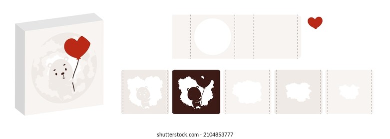 Valentine's day paper carve tunnel card polar bear with balloon. 3D popup layers card. Modern origami design template. 3d paper lightbox template. Vector stock illustration.