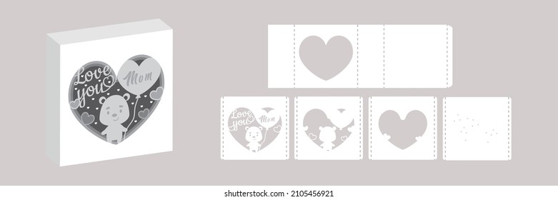 Valentine's day paper carve tunnel card bear with balloon. 3D popup layers card. Modern origami design template. 3d paper lightbox template. Vector stock illustration.