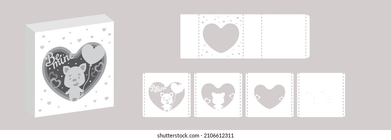 Valentine's day paper carve tunnel card dog with balloon. 3D popup layers card. Modern origami design template. 3d paper lightbox template. Vector stock illustration.