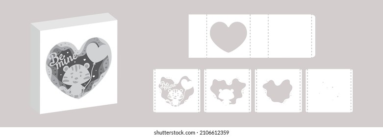 Valentine's day paper carve tunnel card tiger with balloon. 3D popup layers card. Modern origami design template. 3d paper lightbox template. Vector stock illustration.