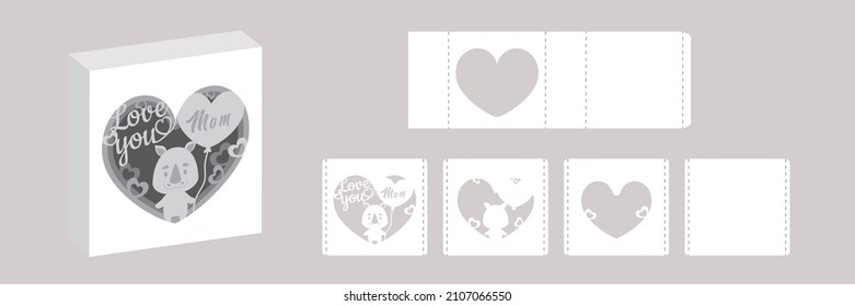 Valentine's day paper carve tunnel card rhino with balloon. 3D popup layers card. Modern origami design template. 3d paper lightbox template. Vector stock illustration.