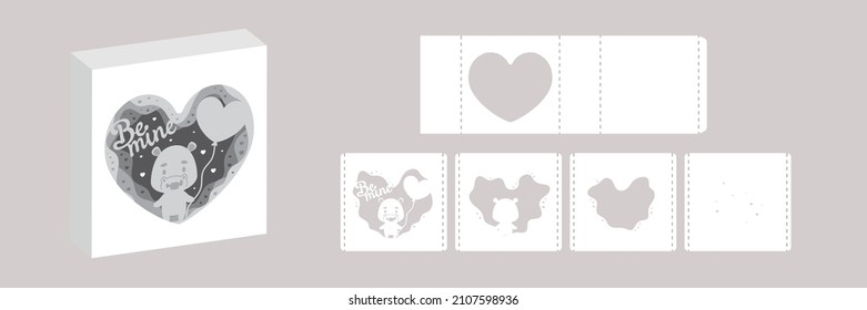 Valentine's day paper carve tunnel card hippo with balloon. 3D popup layers card. Modern origami design template. 3d paper lightbox template. Vector stock illustration.