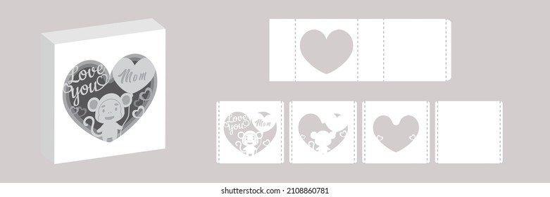 Valentine's day paper carve tunnel card monkey with balloon. 3D popup layers card. Modern origami design template. 3d paper lightbox template. Vector stock illustration.