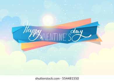Valentine's day paper colorful banner. isolated on blue background. Vector. banner with background sky, sun and clouds.