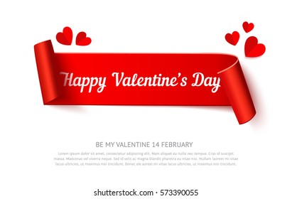 Valentines day paper curl ribbon banner, realistic vector illustration