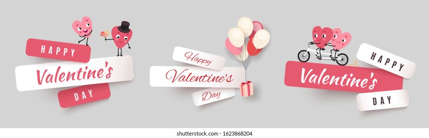 Valentines day paper cut banners, set stickers with funny characters animated hearts. Collection of advertising vector design for holiday promotions and discounts