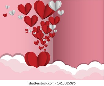 valentine's day with a lot of paper cut hearts white and red, Origami hearts, valentine's day card- vector - Vector