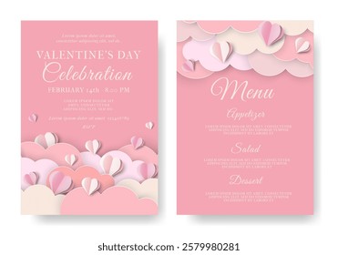 Valentine's Day Paper Cut Invitation and Menu Card. 3d Paper Hearts, Clouds with Frame. Modern Cute Love Banner, Voucher, Brochure, Greeting card or Sale Template. Vector Illustration. Place for text.