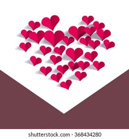 Valentine's Day paper cut out illustration. Red paper hearts on white background.