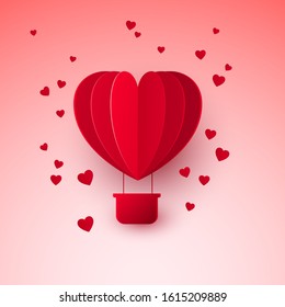 Valentine`s day with paper cut red heart shape air balloon. Balloon flies and leaves a trail with hearts. Vector illustration