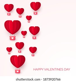 Valentine`s day with paper cut red heart shape air balloon. Be my Valentine illustration. Holiday Greeting Card. Vector