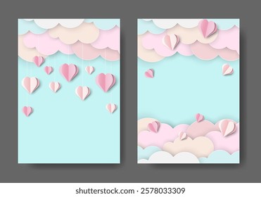 Valentine's Day Paper Cut Template with 3d Hearts and Clouds. Cute Universal Background Perfect for Wedding Invitations, Girly Birthday, Mothers and Womens Day, Menu, Greeting Card, Banner, Flyer.