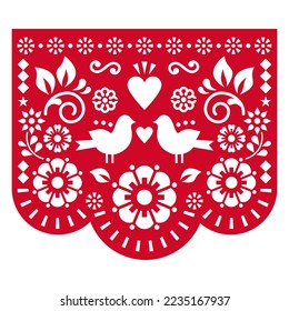 Valentine's Day paper cutout decoration Mexican Papel Picado vector design with birds, heart and flowers, red background.  Wedding invitation or fiesta background inspired by handmade decorations 