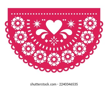 Valentine's Day paper cutout decoration Papel Picado vector half circle design with heart and flowers, Mexican party garland. Wedding invitation  background inspired by decoartions from Mexico