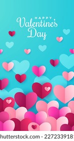 Valentine's Day. Paper elements in shape of heart flying on blue background. Vector symbols of love for Happy Valentine's Day greeting card design.