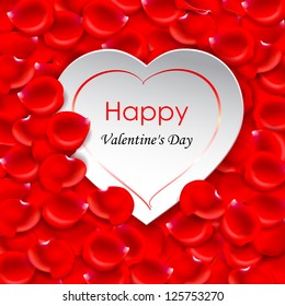 Valentine's Day. Paper heart on a background of red rose petals. Vector eps 10.