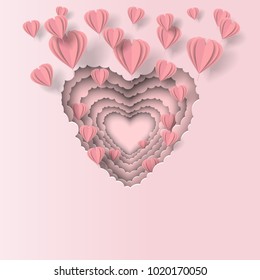 Valentine's day paper hearts flying out of paper cut 3D hearts. Card for Valentine's day, birthday, mother's day, women's day, for the beloved. Paper cut.
