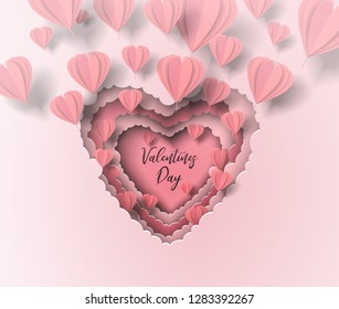 Valentine's day paper hearts flying out of paper cut 3D hearts. Card for Valentine's day, birthday, mother's day, women's day, for the beloved. Paper cut.
