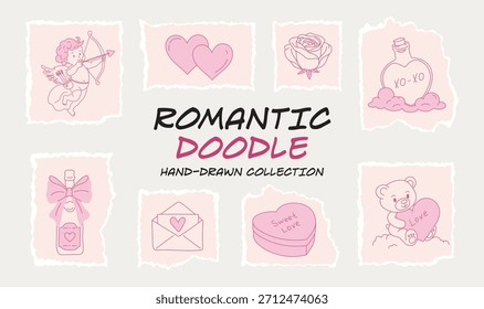 Valentine's Day paper love vector sticker set with torn textures,cut-and-tear edges, doodle style, filled with hand-drawn romantic elements, perfect for festive scrapbook design.Creative pink concept.