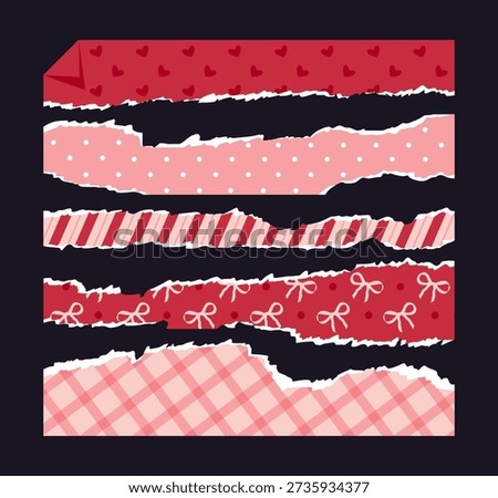 Valentines day paper sheets. Torn and ripped notebook page or sticky notes with scrap edge, romantic pattern cracked paper pieces flat vector illustration set. Damaged cute paper strips fragments