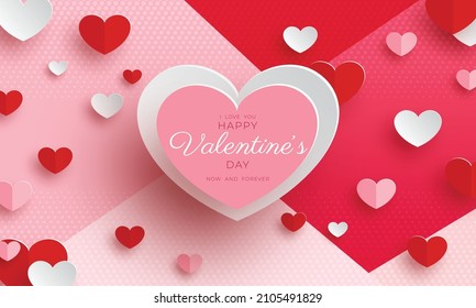 Día de San Valentín en papel con formas cardíacas con corazones y palabras que te amo ahora y para siempre ilustración vectorial fondo de pantalla, volantes, invitaciones, afiches, folletos, pancartas