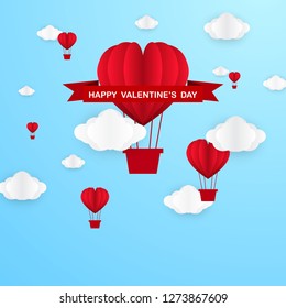 Valentine's Day paper-cut design with a heart-shaped red balloon. Vector illustration.