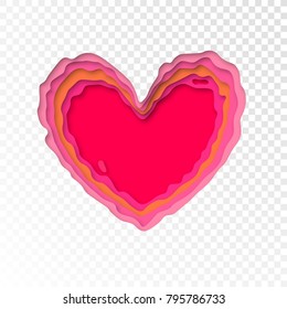 Valentines Day papercut heart for Valentine holiday or wedding greeting card design template. Vector isolated red pink modern paper cut heart on transparent background for 14 February love holiday