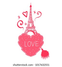 Valentine's Day. Paris Heart with fur brush. Illustration pink ink Eiffel Tower. Vector decorations isolated on white background. Handwritten inscription LOVE!