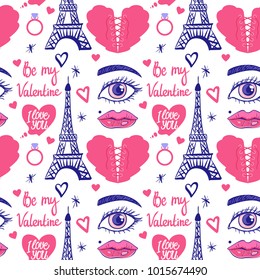 Valentine's Day. Paris Modern illustration of a comic style. Eiffel tower blue ink illustration. Hearts with lacing as pink corset. Vector Seamless pattern Isolated on white background. 