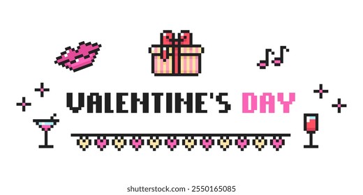 Valentine's Day Party 8-bit items, Valentine's Day Pixel Design.