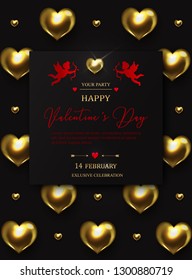 Valentine's Day Party Background With Cupid and Gold and  Red Heart. Romantic Wedding Love Greeting Card. February 14. Vector illustration