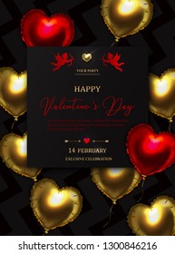 Valentine's Day Party Background With Gold and  Red Heart Balloons And Golden Confetti. Romantic Wedding Love Greeting Card. February 14. Vector illustration