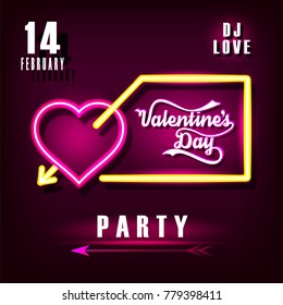 Valentines Day  party background with neon heart and vector text Calligraphic Lettering for holiday design Wallpaper, flyers, invitation, posters, brochure, banners, gift card.