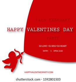 Valentines Day Party background with red angel and arrows. Holiday card illustration.