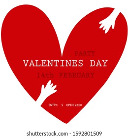 Valentines Day Party background with red heart and hands. Holiday card illustration.